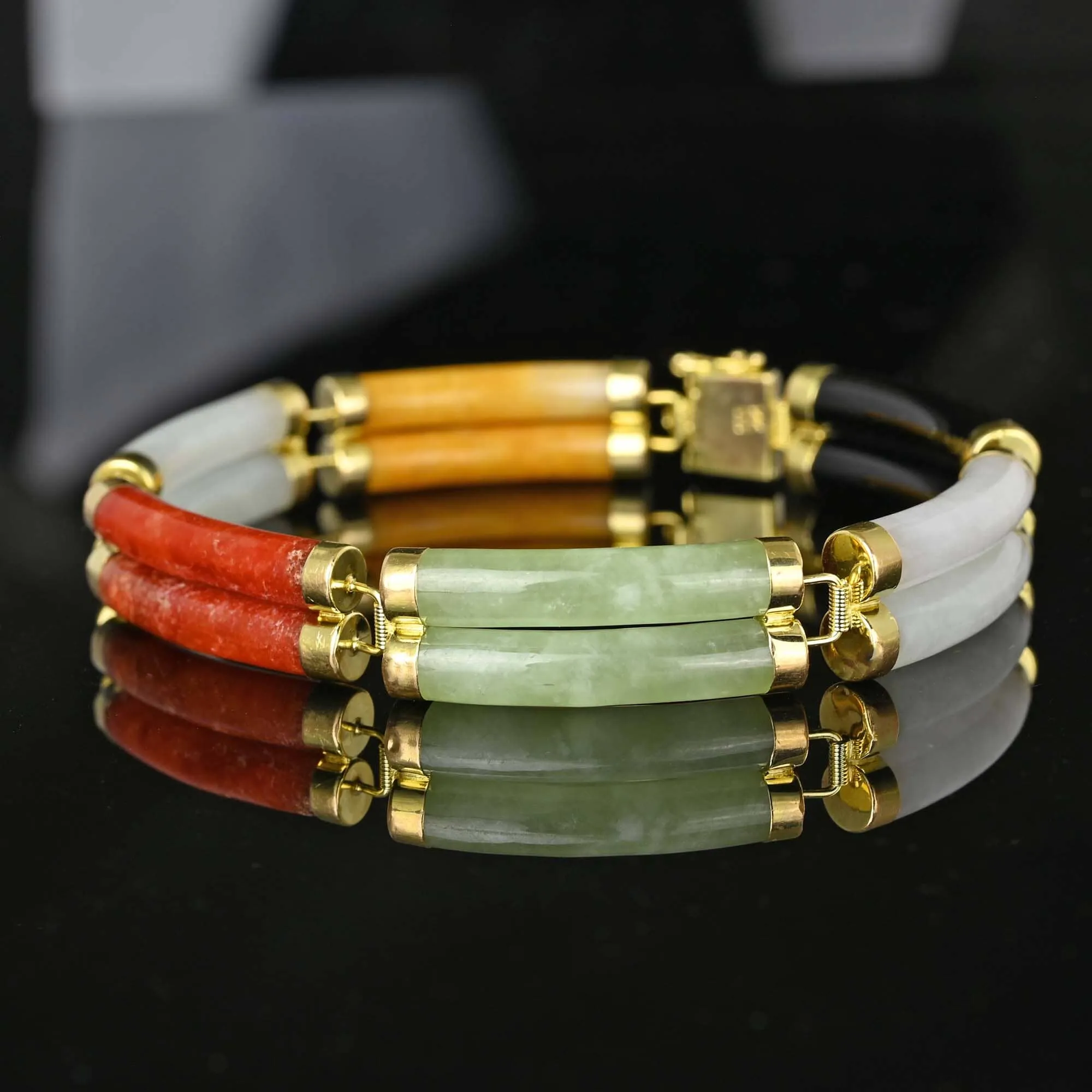 Heavy 14K Gold Two Row Multi Color Jade Bracelet