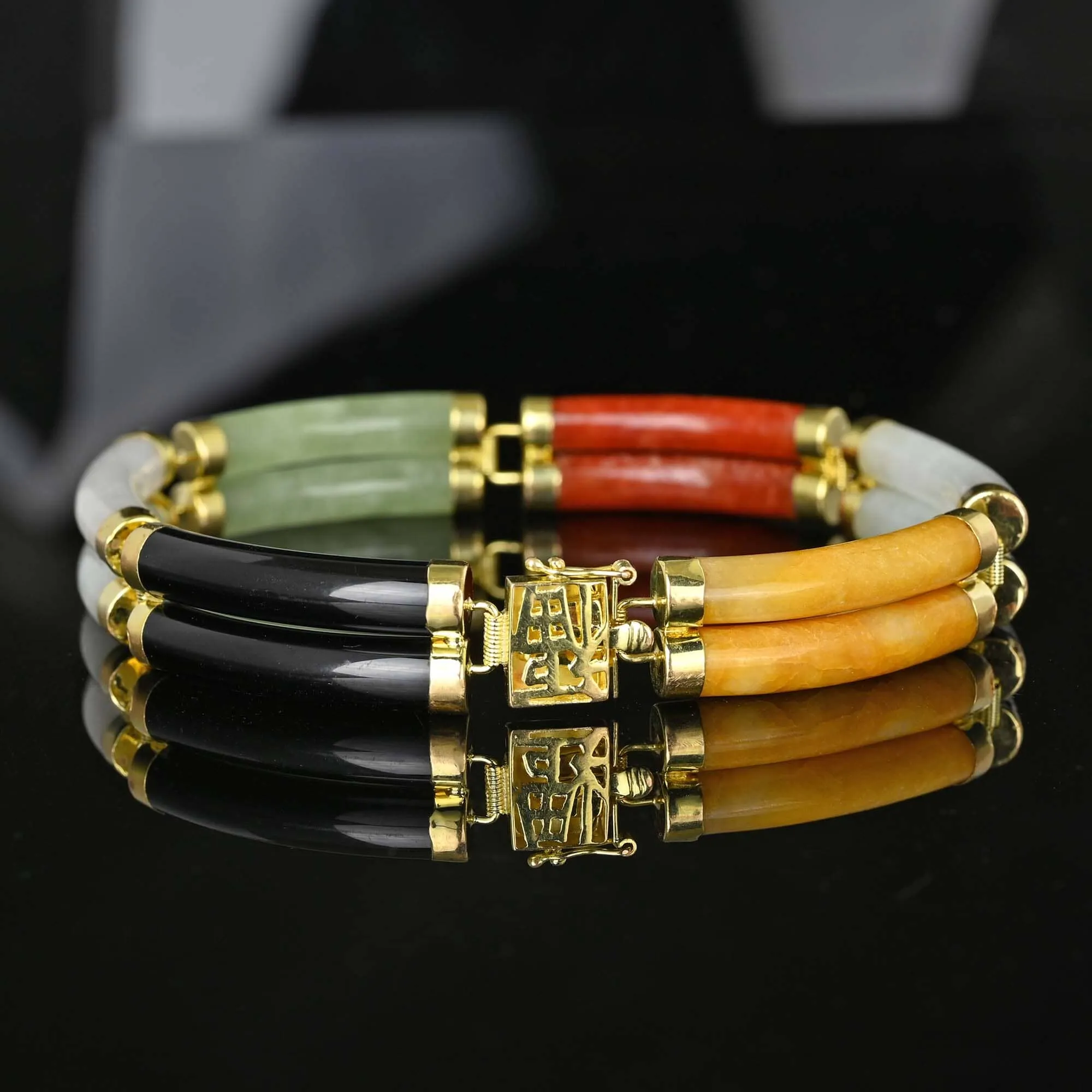 Heavy 14K Gold Two Row Multi Color Jade Bracelet