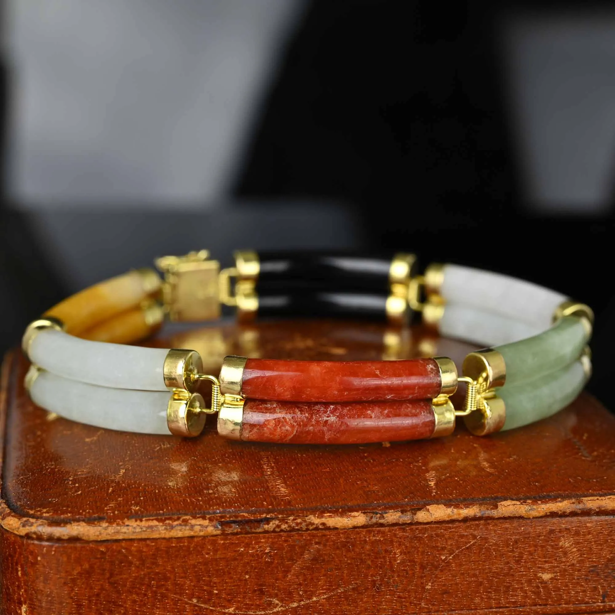 Heavy 14K Gold Two Row Multi Color Jade Bracelet