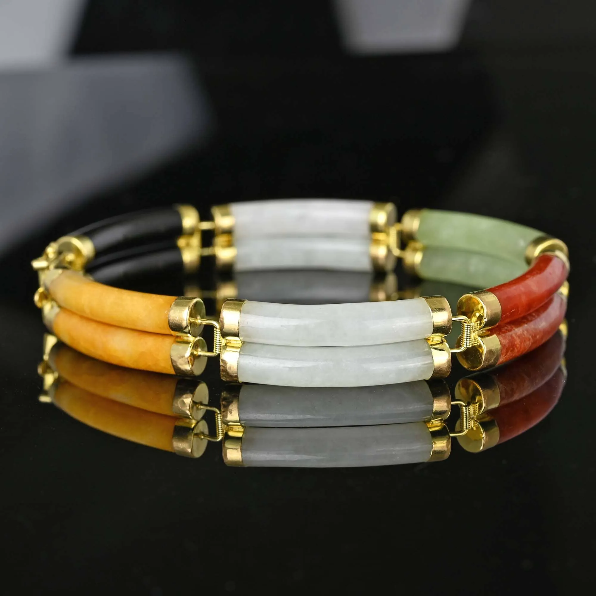 Heavy 14K Gold Two Row Multi Color Jade Bracelet