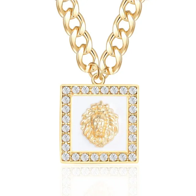 Hiphop Lion Head Choker Necklace Gold Color Statement Alloy Crystal Enamel Pendant Basketball Wives Chunky Chain Costume Jewelry