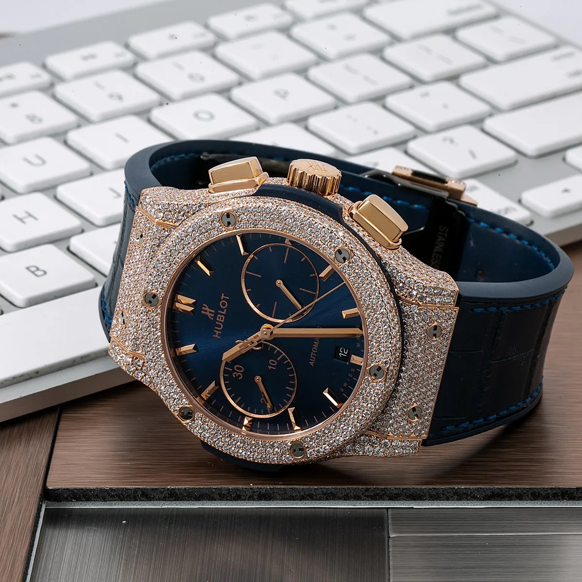 Hublot Classic Fusion 521.ox.7180.lr 45MM Blue Dial With 12.75 CT Diamonds