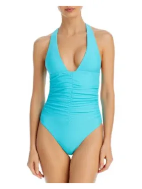 JADE SWIM Women's Aqua Ruched Crossback Straps Lined Plunging Neck Moderate Coverage Capri One Piece Swimsuit