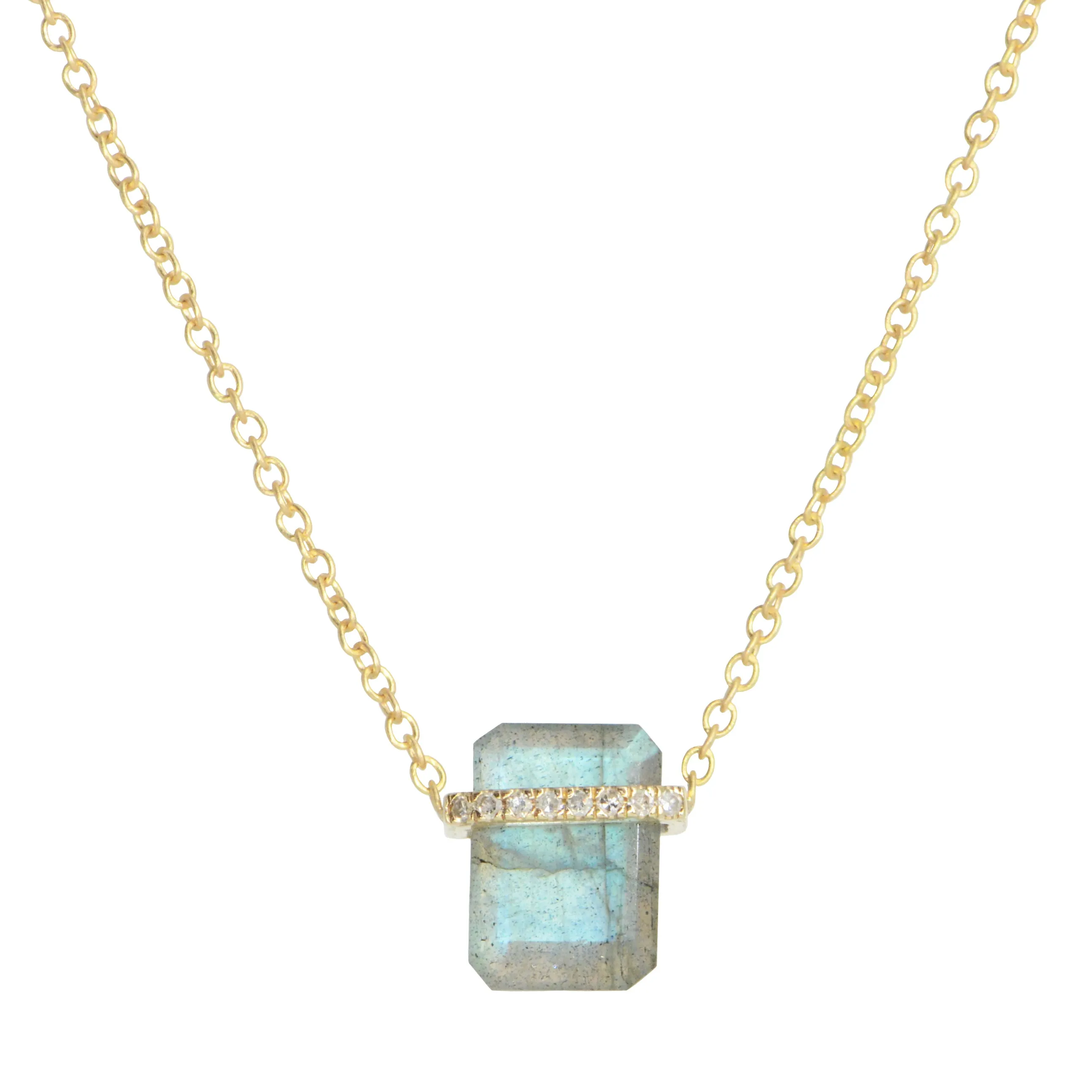 Labradorite Huggie Necklace With Diamonds - Mini