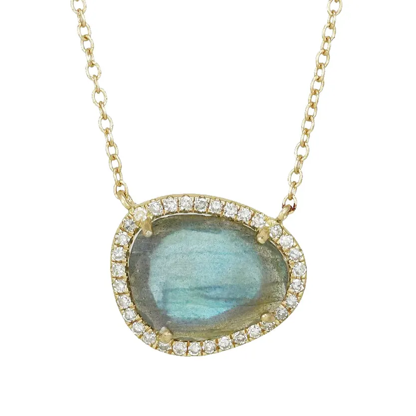 Labradorite Organic Pebble Necklace With Diamonds in 14K Gold