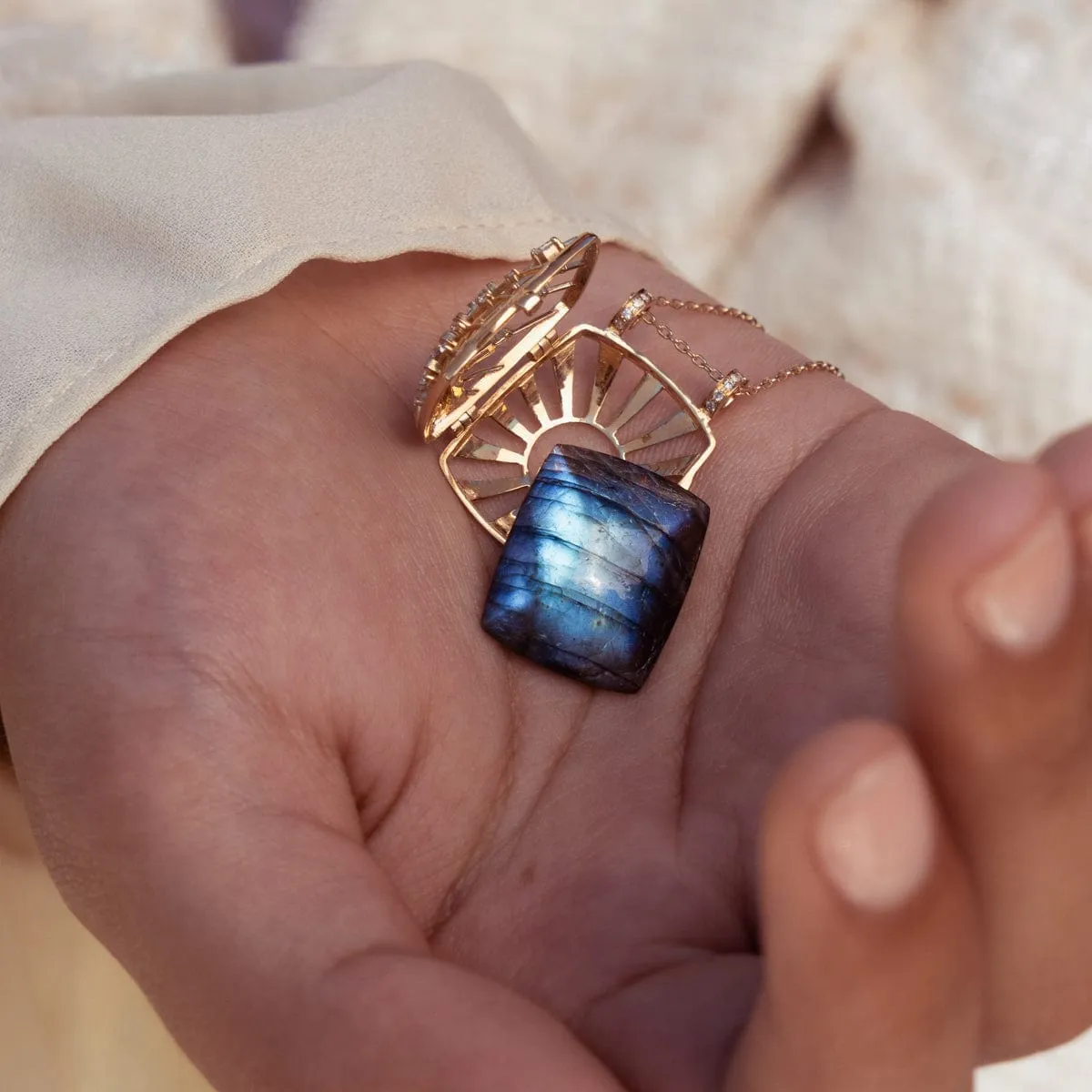 Labradorite Sun & Diamonds Locket Necklace