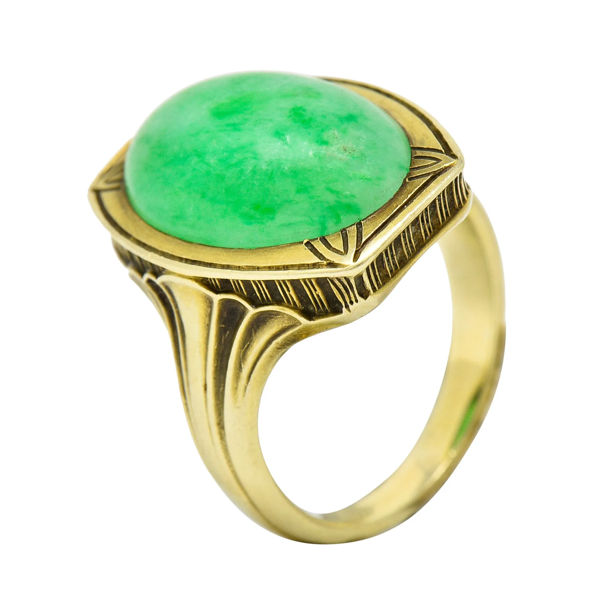 Larter & Sons Art Deco Jadeite Jade Cabochon 14 Karat Gold Lotus Ring