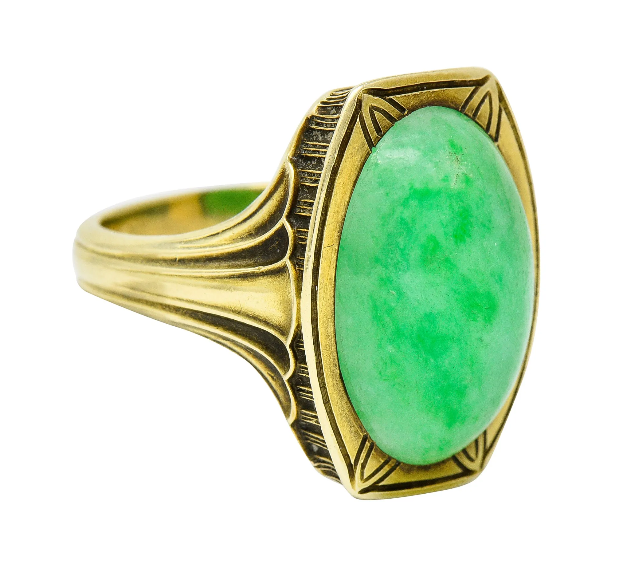 Larter & Sons Art Deco Jadeite Jade Cabochon 14 Karat Gold Lotus Ring