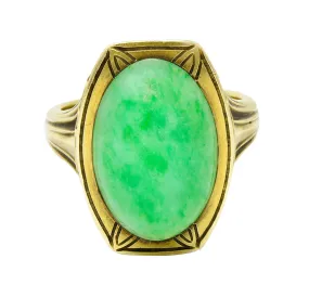 Larter & Sons Art Deco Jadeite Jade Cabochon 14 Karat Gold Lotus Ring