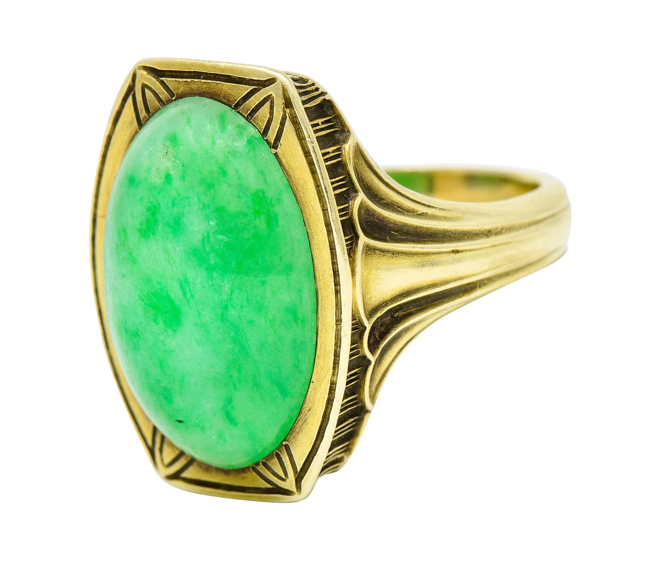 Larter & Sons Art Deco Jadeite Jade Cabochon 14 Karat Gold Lotus Ring