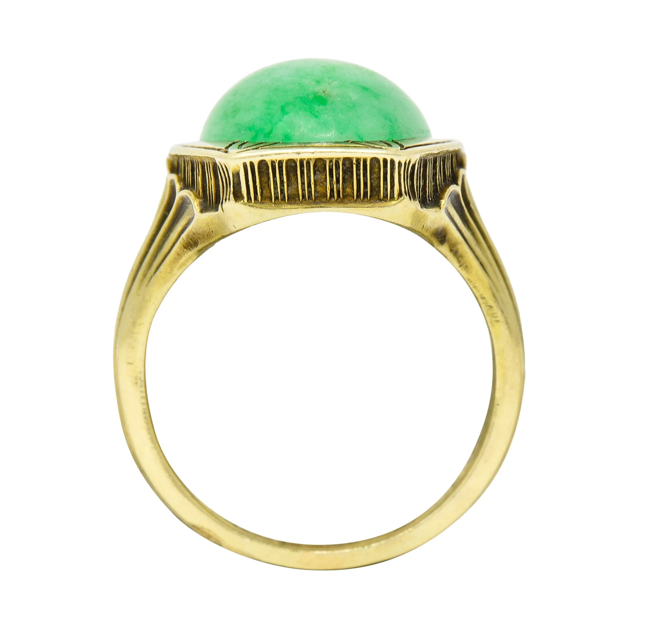 Larter & Sons Art Deco Jadeite Jade Cabochon 14 Karat Gold Lotus Ring