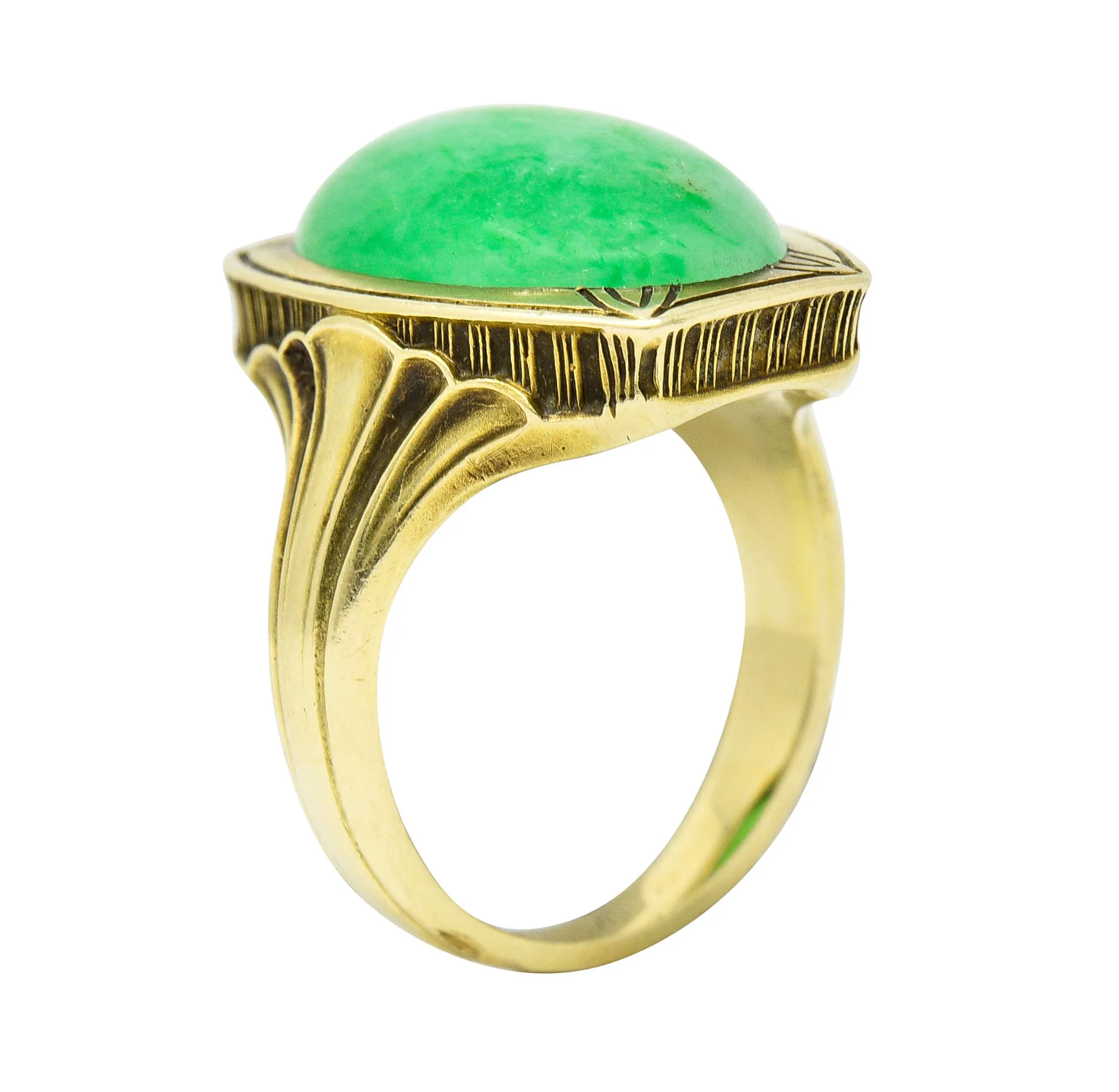 Larter & Sons Art Deco Jadeite Jade Cabochon 14 Karat Gold Lotus Ring