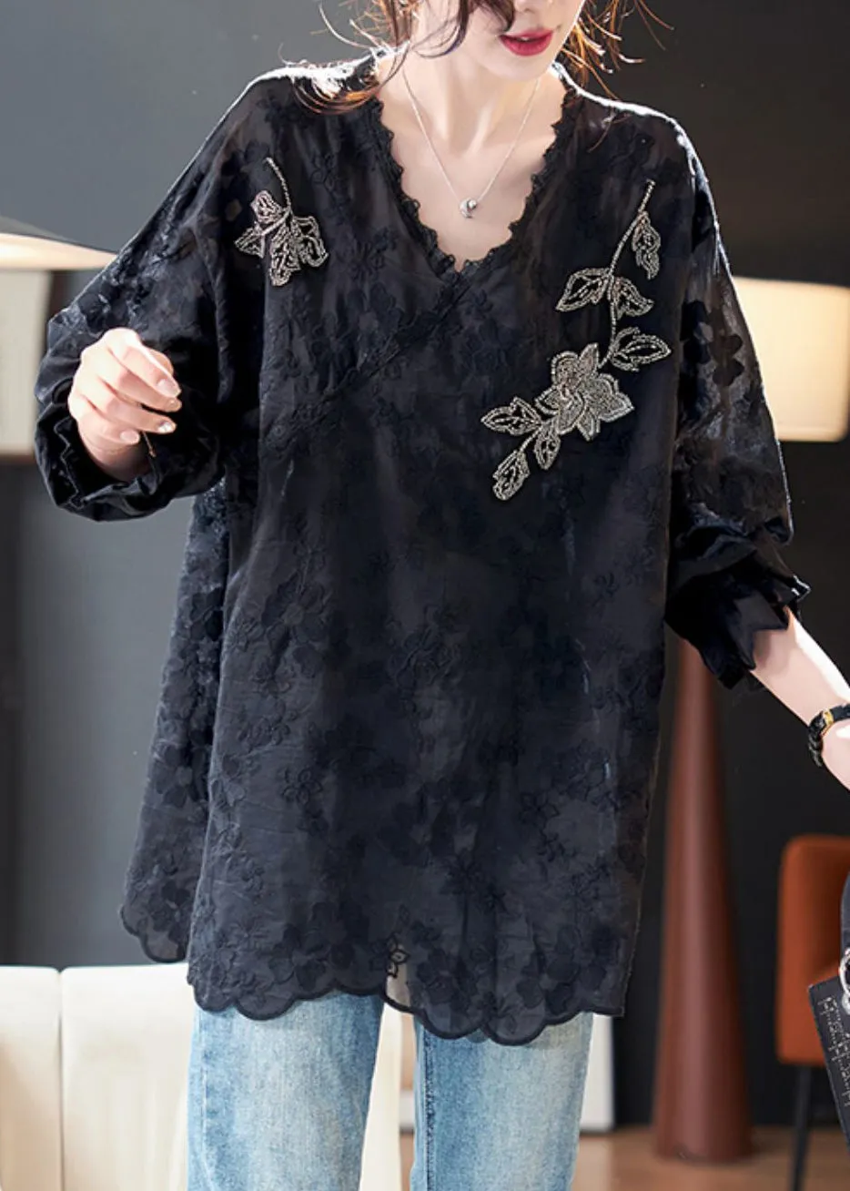 Loose Black Embroidered Nail Bead Silk Cotton Top Spring QA1007