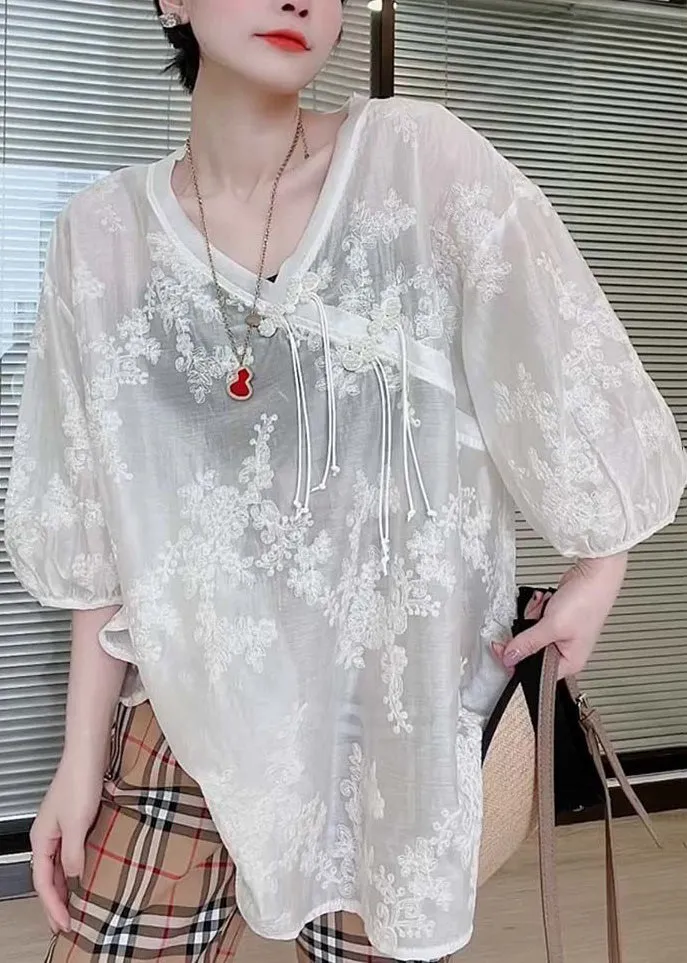 Loose White Embroidered Chinese Button Silk Cotton T Shirts Half Sleeved AS1094