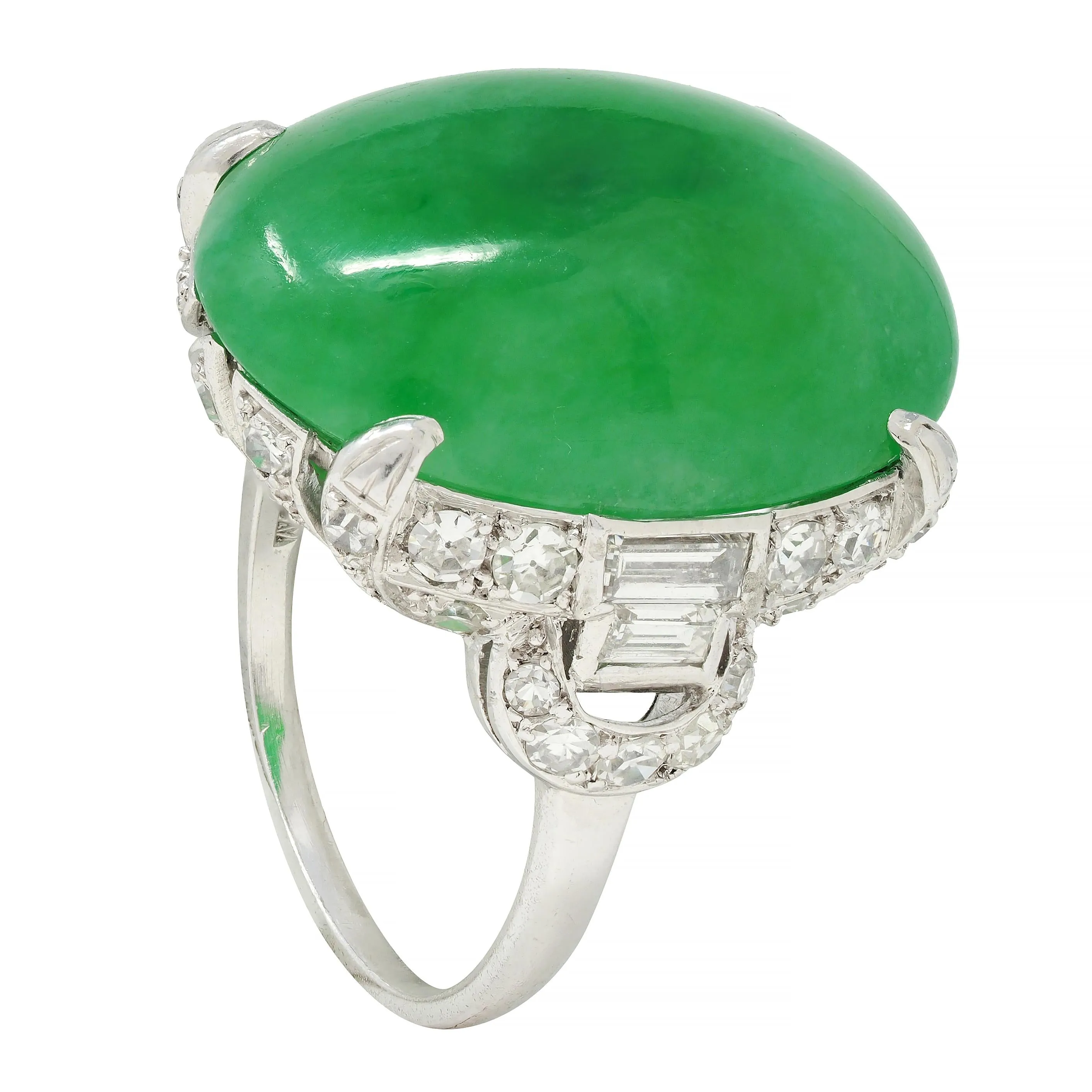 Mid-Century 1.20 CTW Natural Jadeite Jade Cabochon Diamond Platinum Dinner Ring GIA