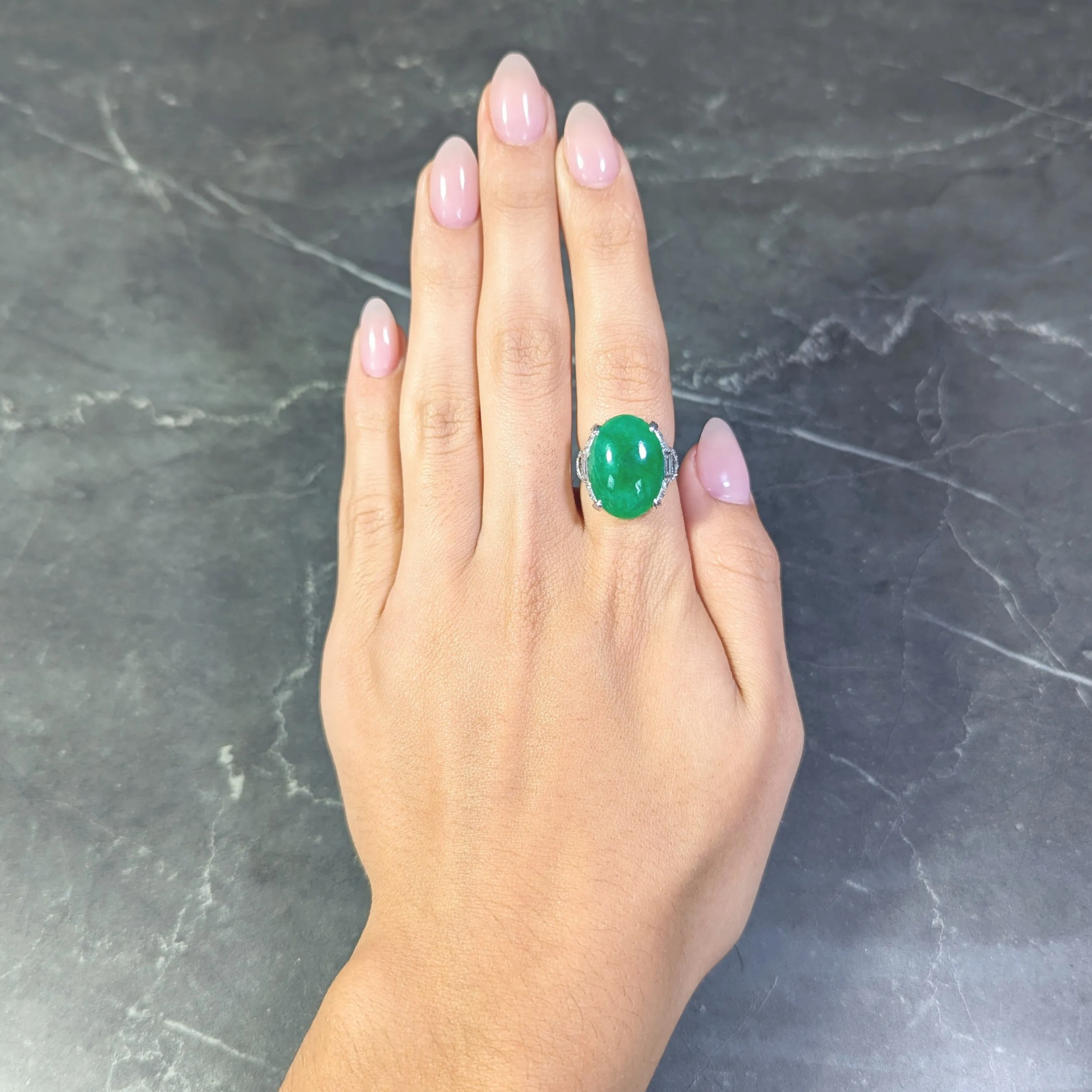 Mid-Century 1.20 CTW Natural Jadeite Jade Cabochon Diamond Platinum Dinner Ring GIA