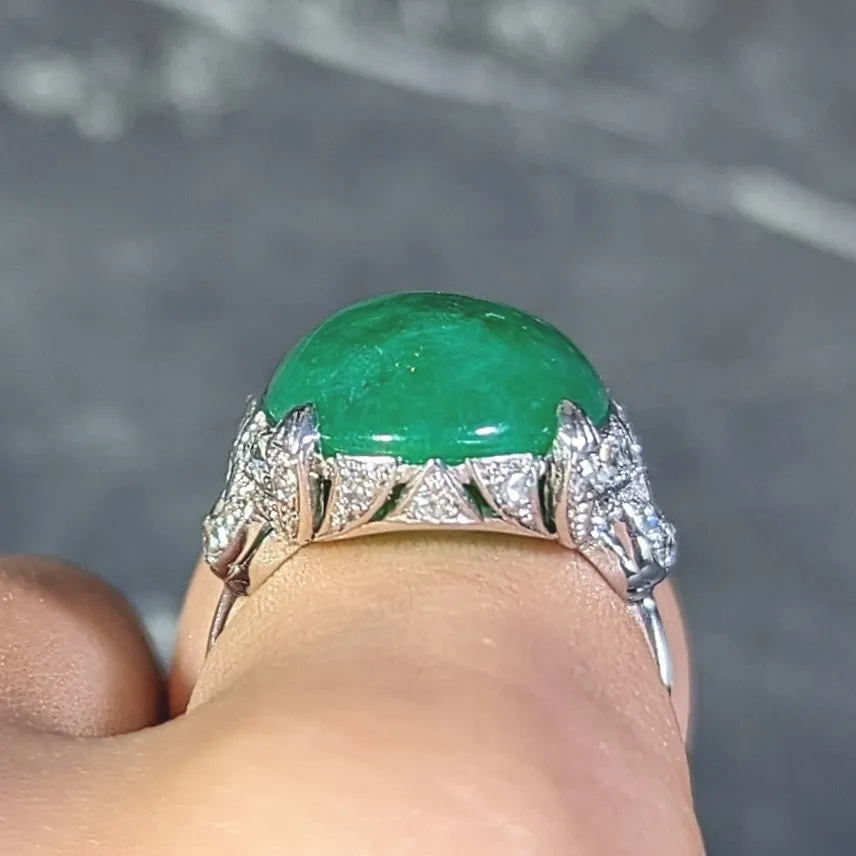 Mid-Century 1.20 CTW Natural Jadeite Jade Cabochon Diamond Platinum Dinner Ring GIA