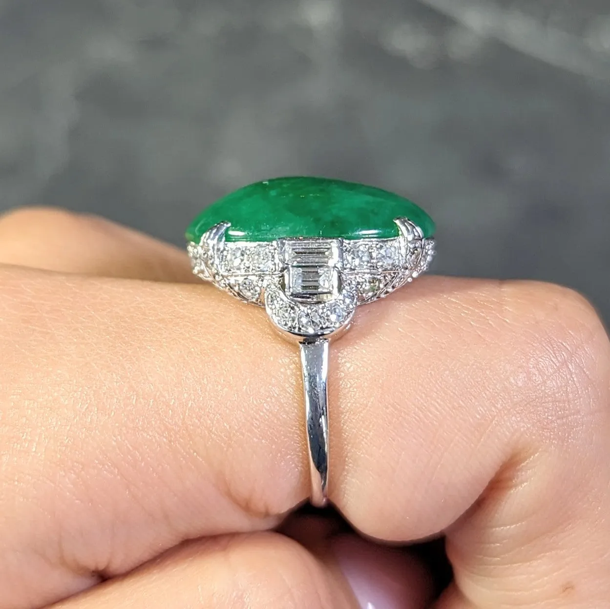 Mid-Century 1.20 CTW Natural Jadeite Jade Cabochon Diamond Platinum Dinner Ring GIA