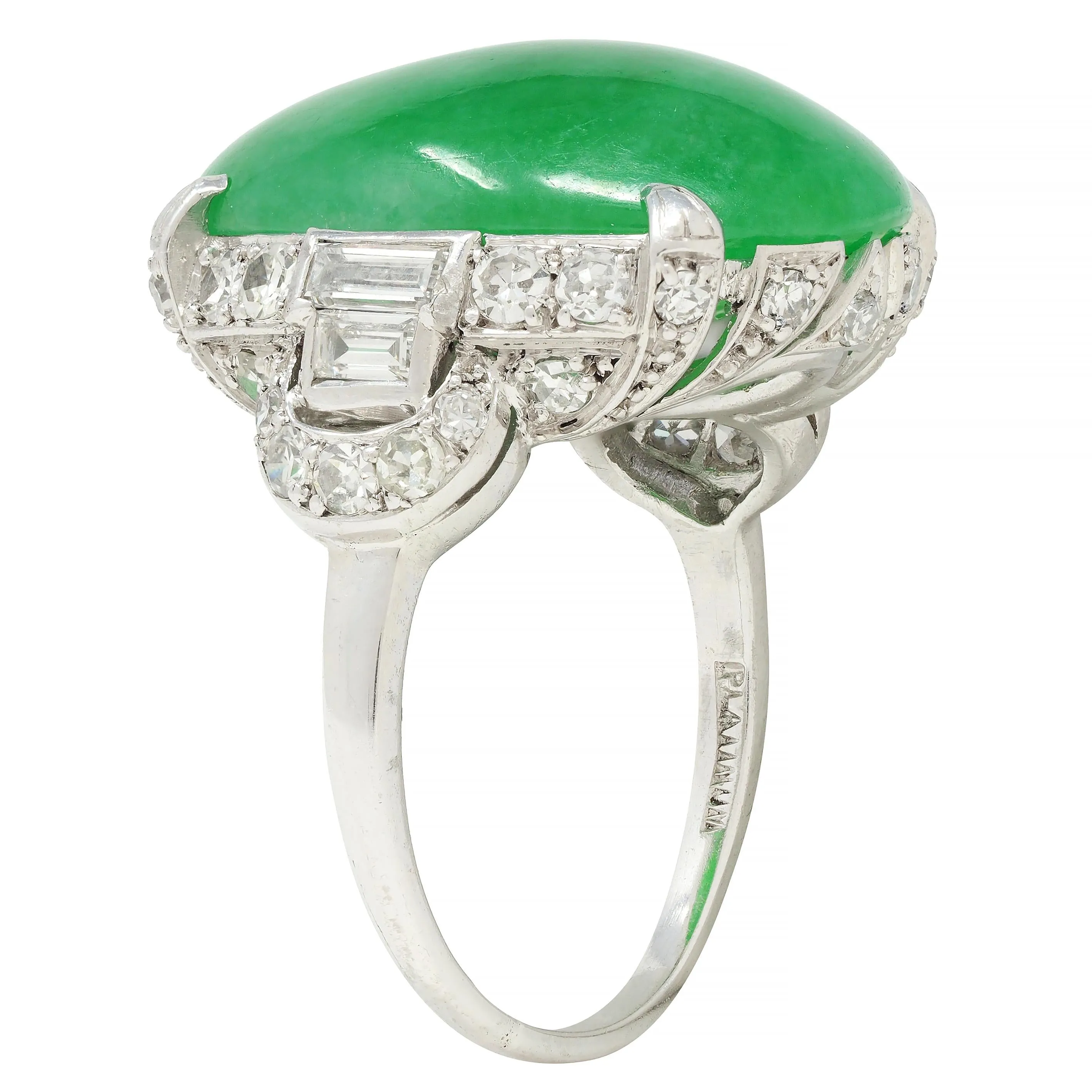 Mid-Century 1.20 CTW Natural Jadeite Jade Cabochon Diamond Platinum Dinner Ring GIA