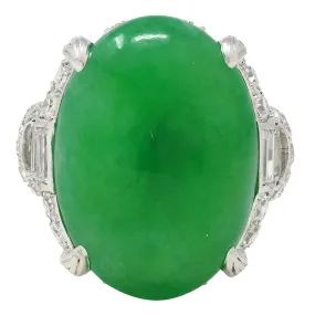 Mid-Century 1.20 CTW Natural Jadeite Jade Cabochon Diamond Platinum Dinner Ring GIA