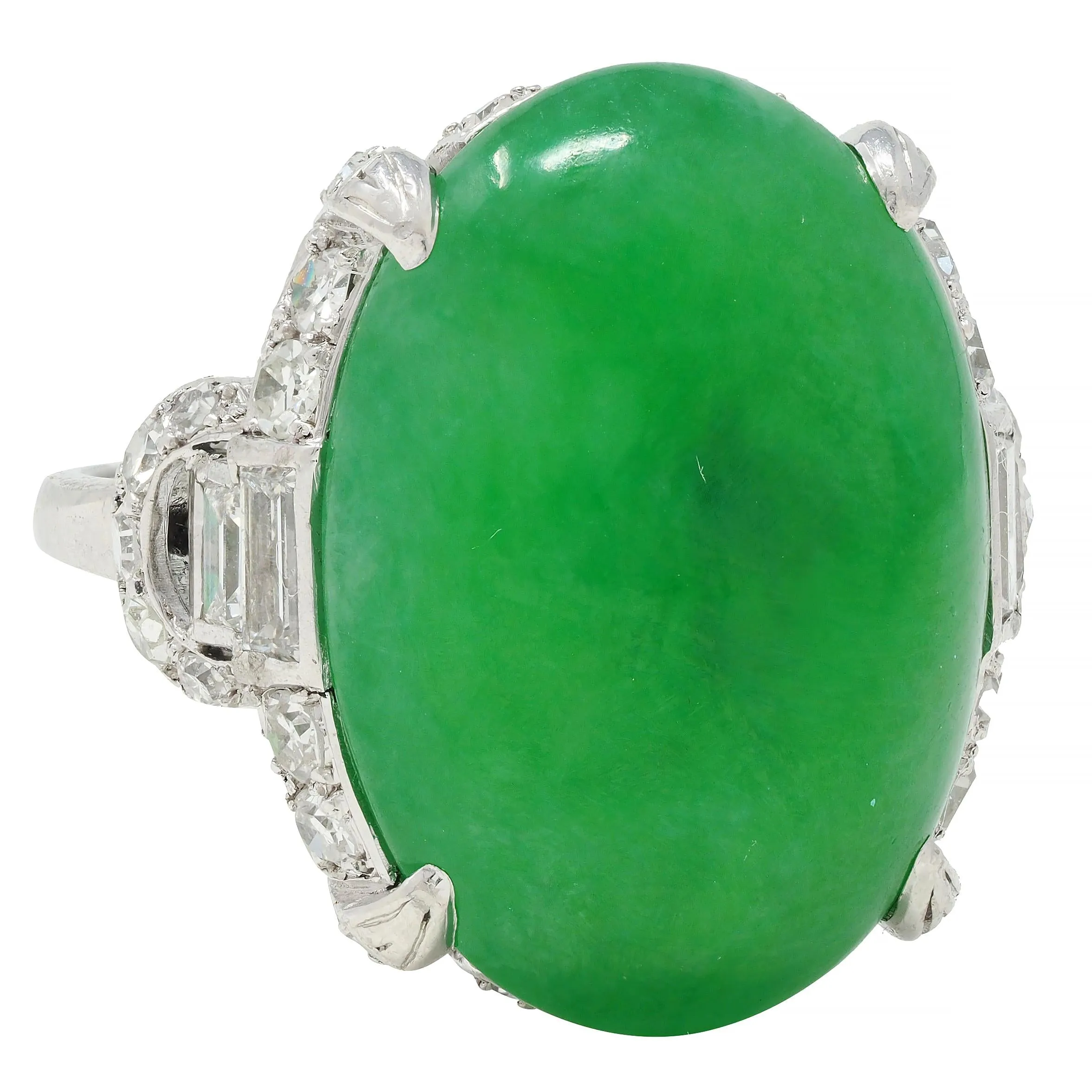 Mid-Century 1.20 CTW Natural Jadeite Jade Cabochon Diamond Platinum Dinner Ring GIA