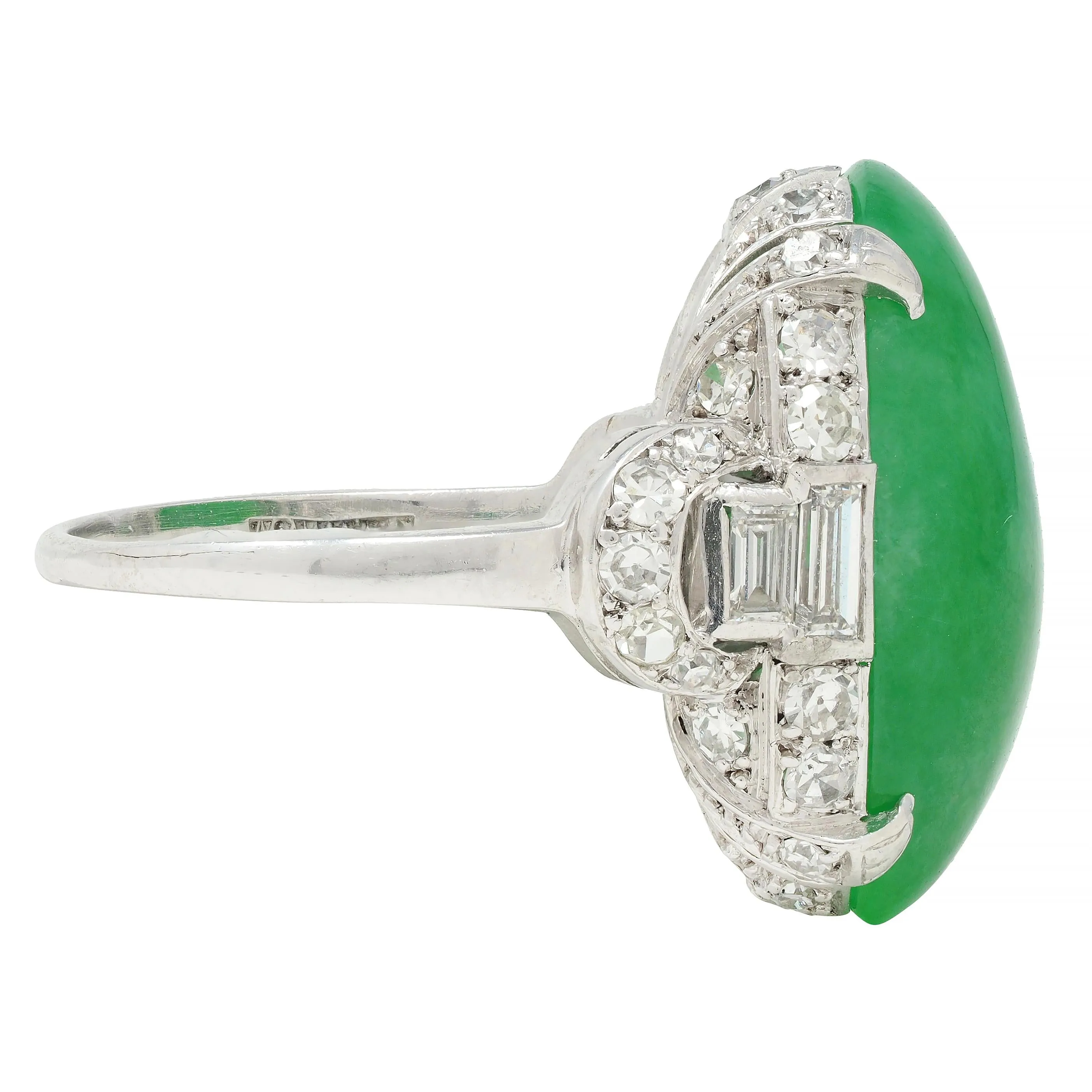 Mid-Century 1.20 CTW Natural Jadeite Jade Cabochon Diamond Platinum Dinner Ring GIA