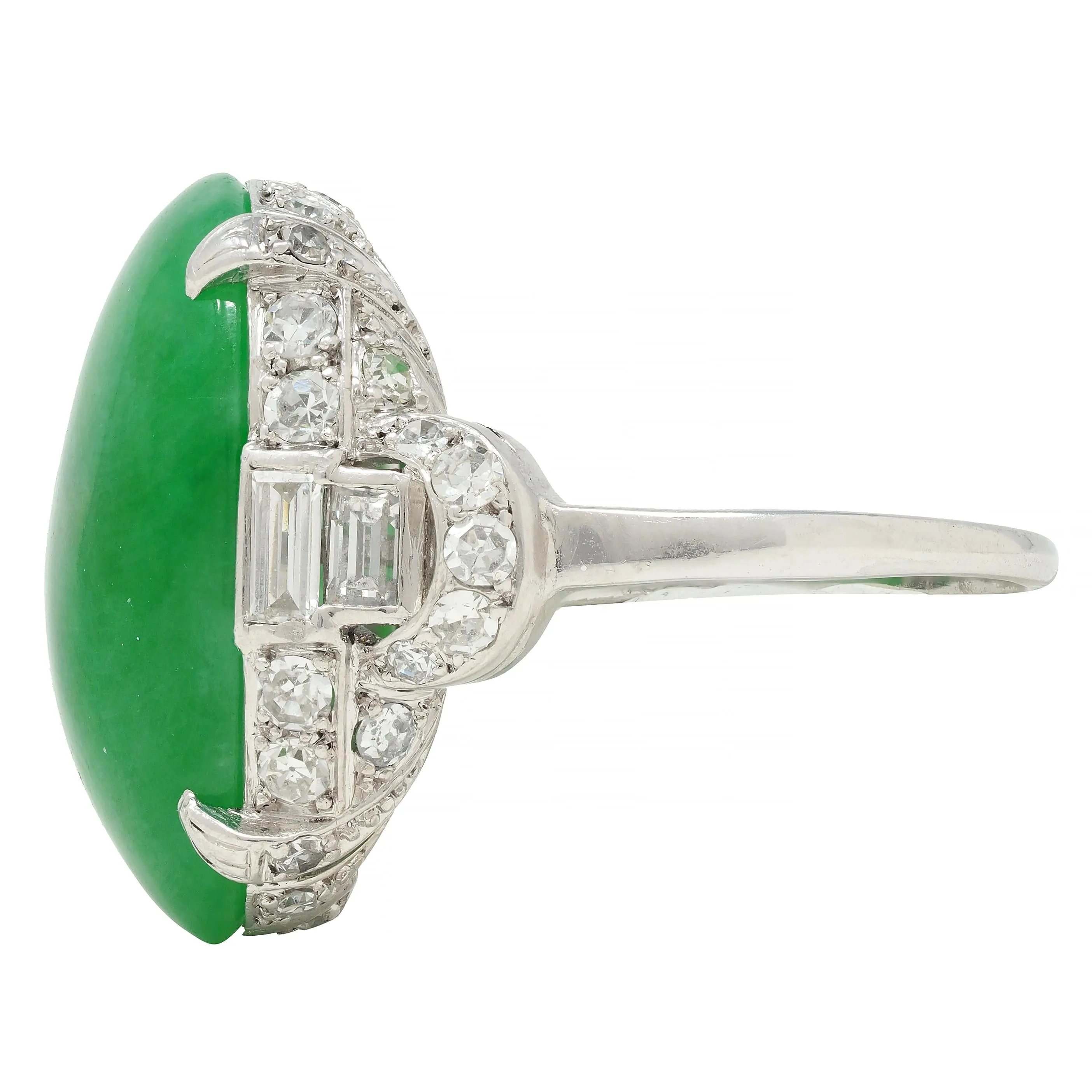 Mid-Century 1.20 CTW Natural Jadeite Jade Cabochon Diamond Platinum Dinner Ring GIA