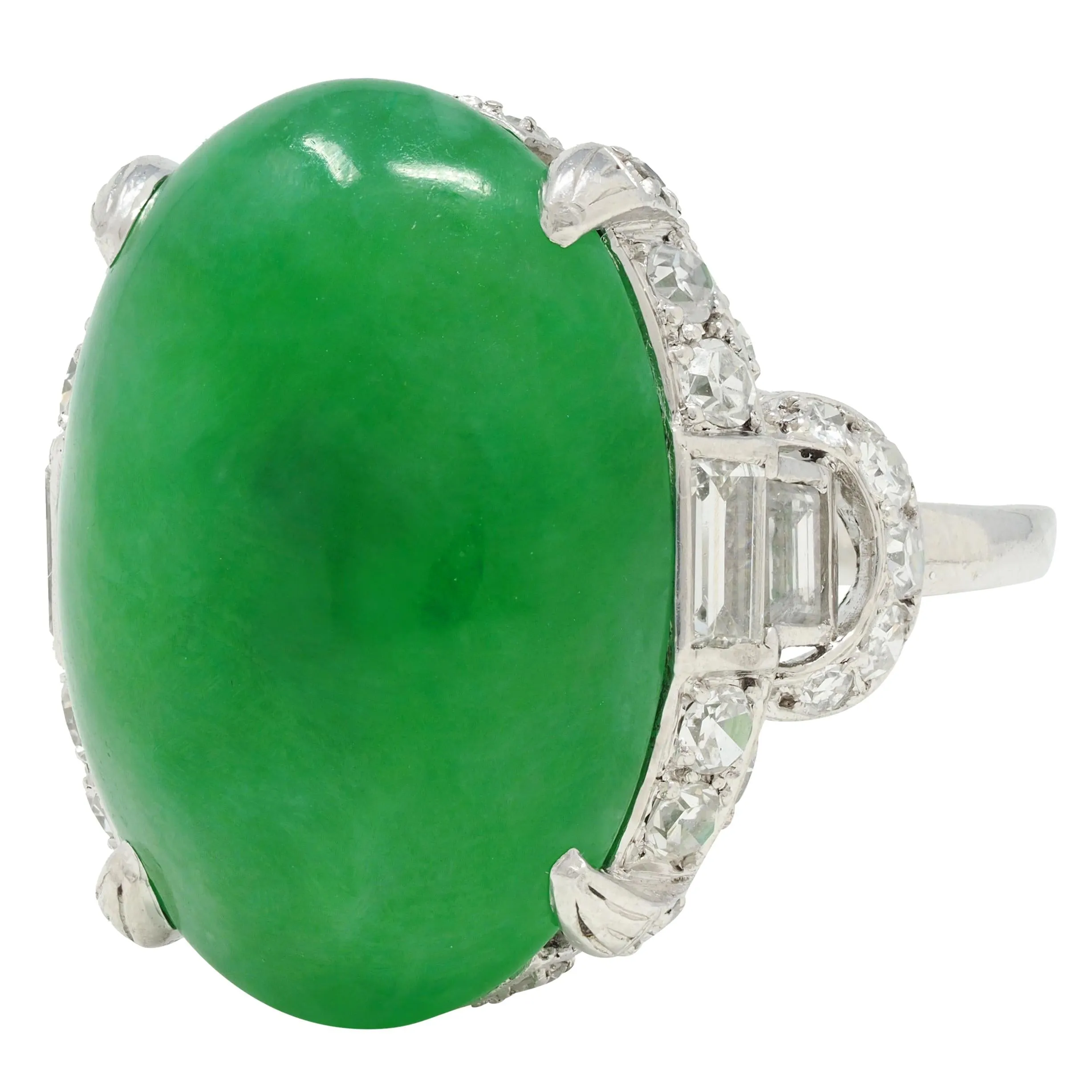 Mid-Century 1.20 CTW Natural Jadeite Jade Cabochon Diamond Platinum Dinner Ring GIA