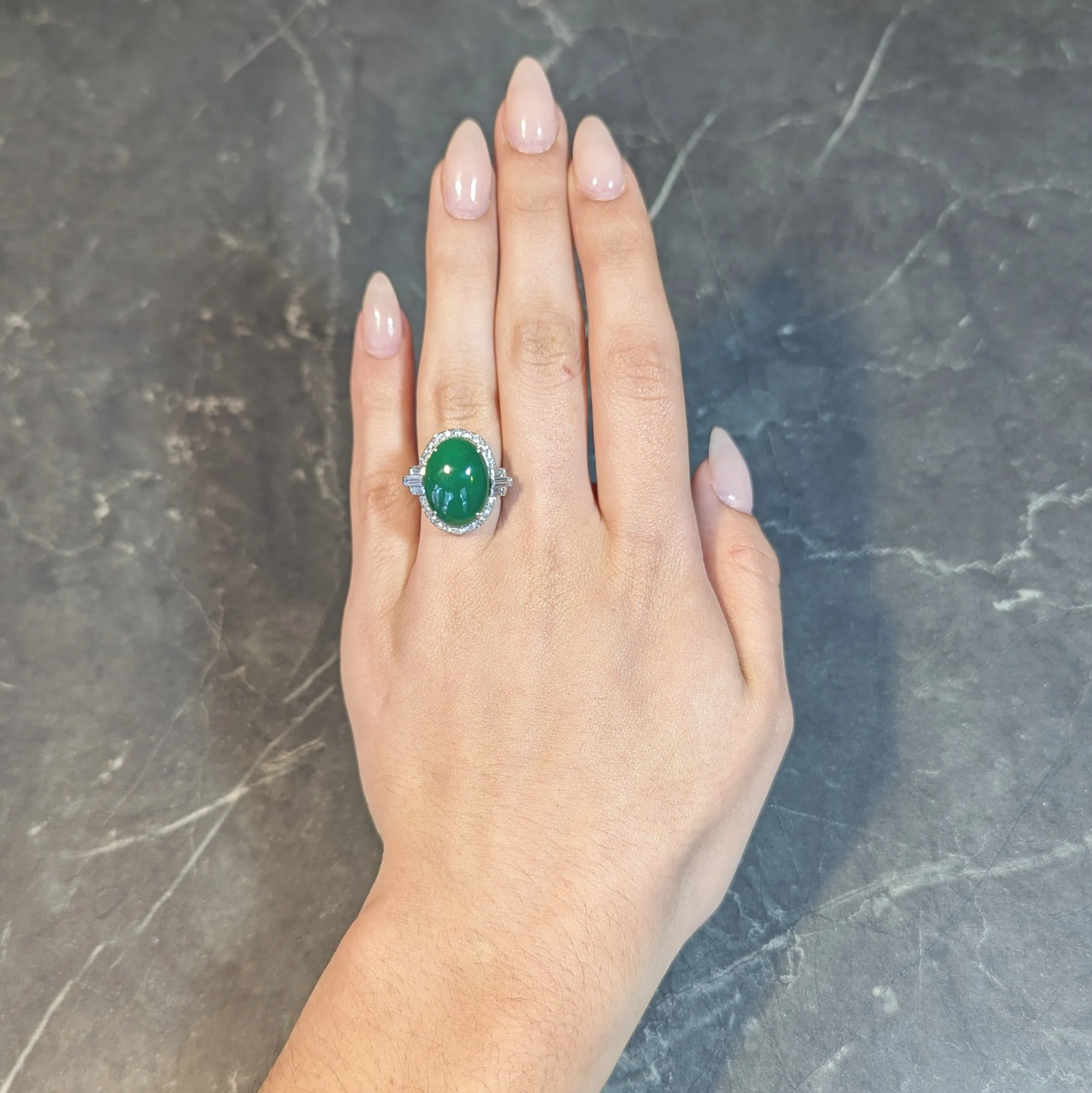 Mid-Century Natural Jadeite Jade Diamond Platinum Vintage Halo Ring GIA