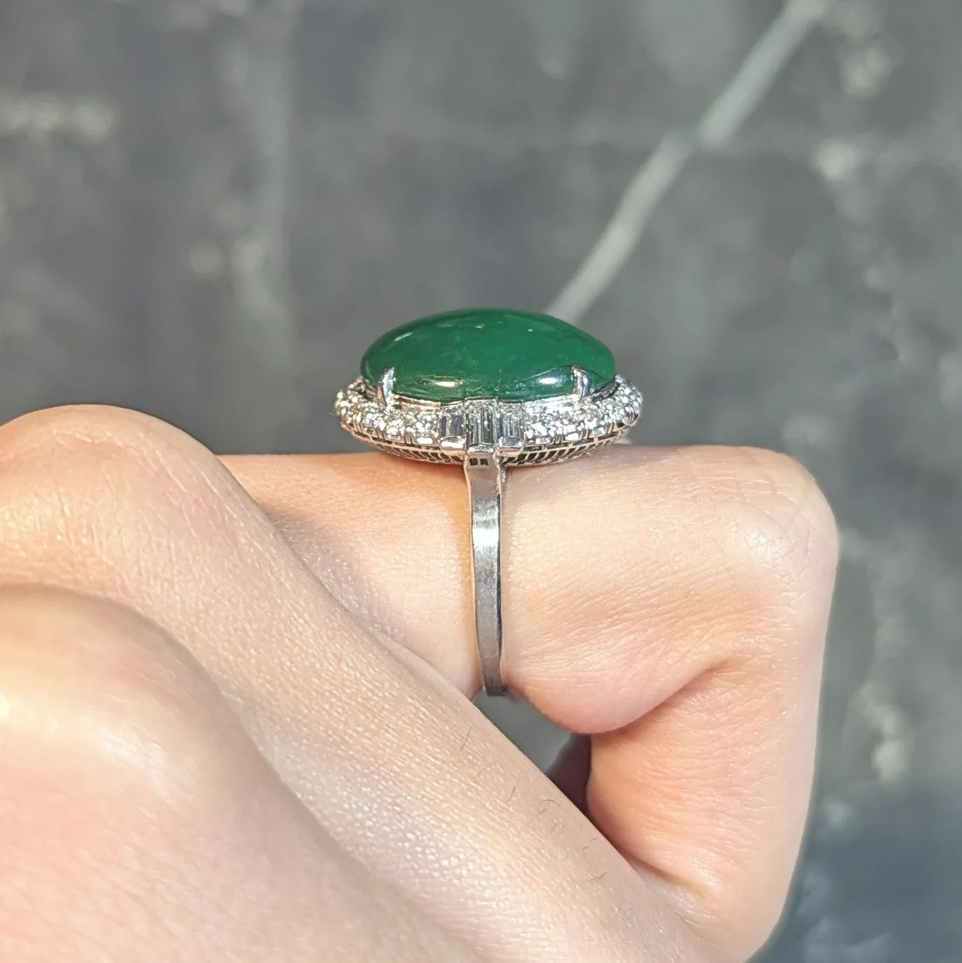 Mid-Century Natural Jadeite Jade Diamond Platinum Vintage Halo Ring GIA