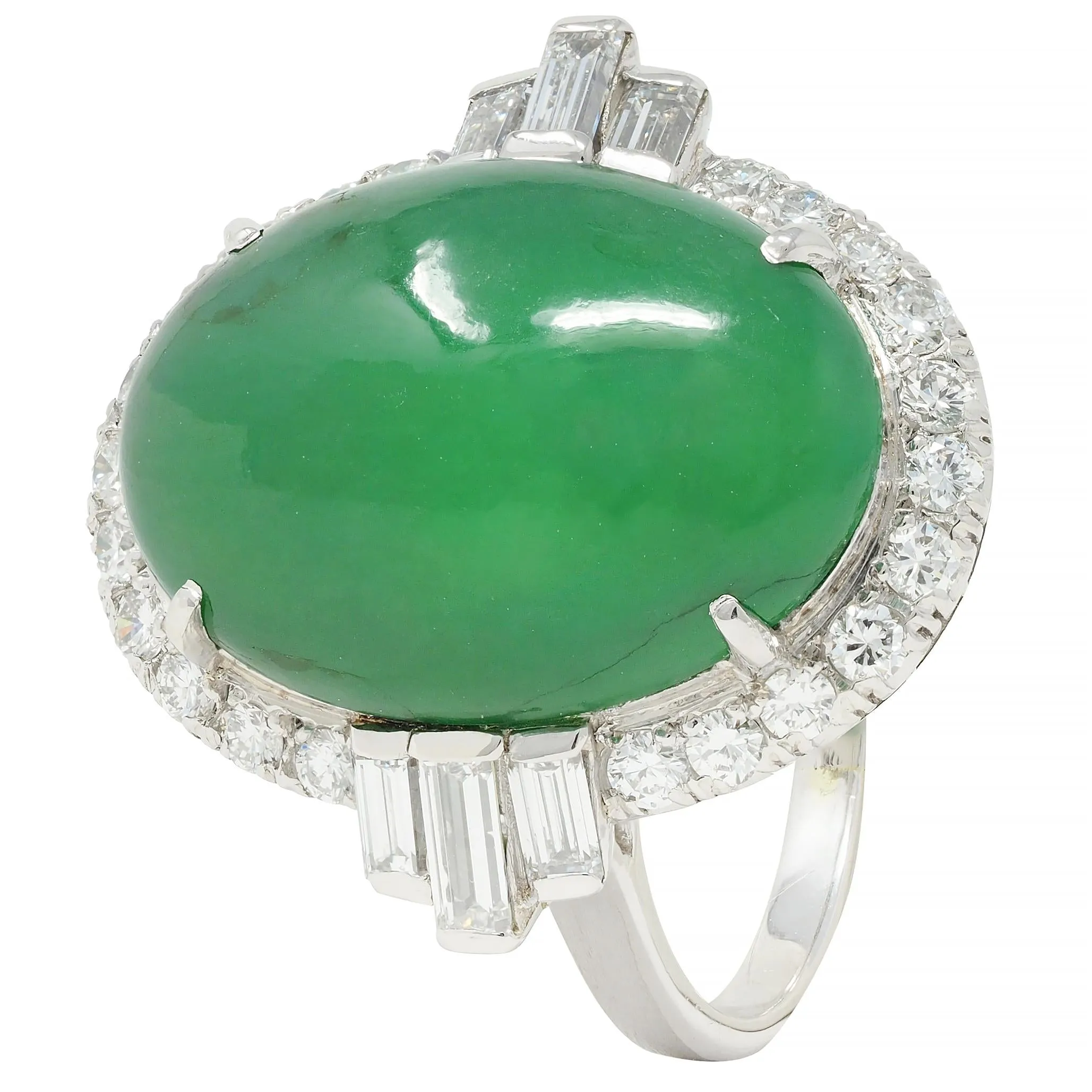 Mid-Century Natural Jadeite Jade Diamond Platinum Vintage Halo Ring GIA