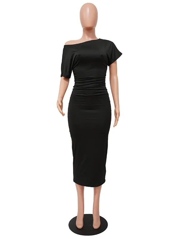 Momnfancy Black Off Shoulder Oblique Shoulder Baby Shower Bodycon Maternity Midi Dress