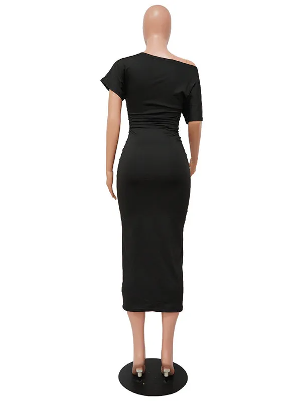 Momnfancy Black Off Shoulder Oblique Shoulder Baby Shower Bodycon Maternity Midi Dress