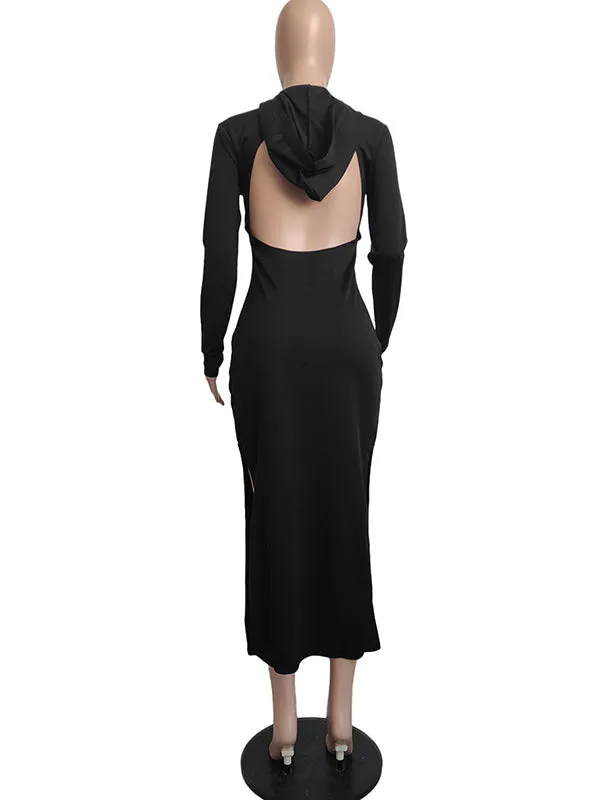 Momnfancy Solid Backless Slit Baby Shower Hooded Bodycon Maternity Midi Dress