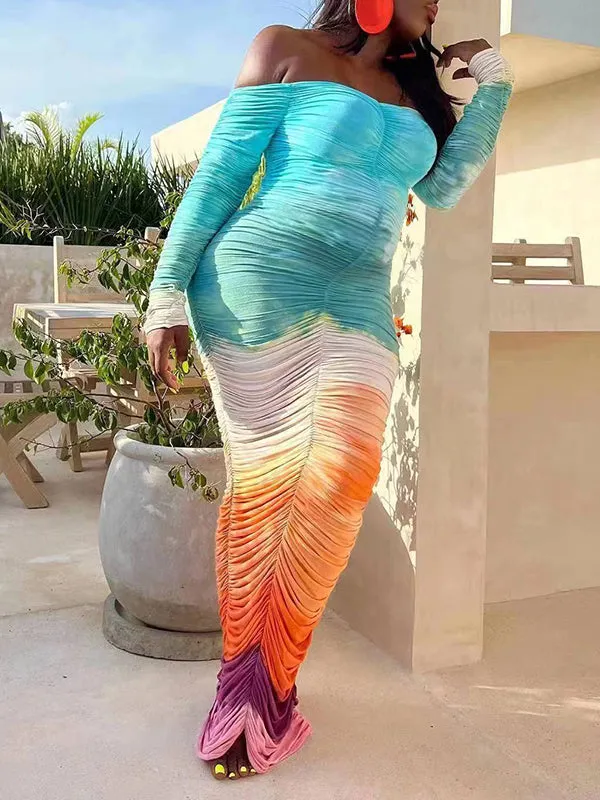 Momnfancy Tie Dye Off Shoulder Shirred Ruched Slash Neck Gradient Color Photoshoot Maternity Maxi Dress