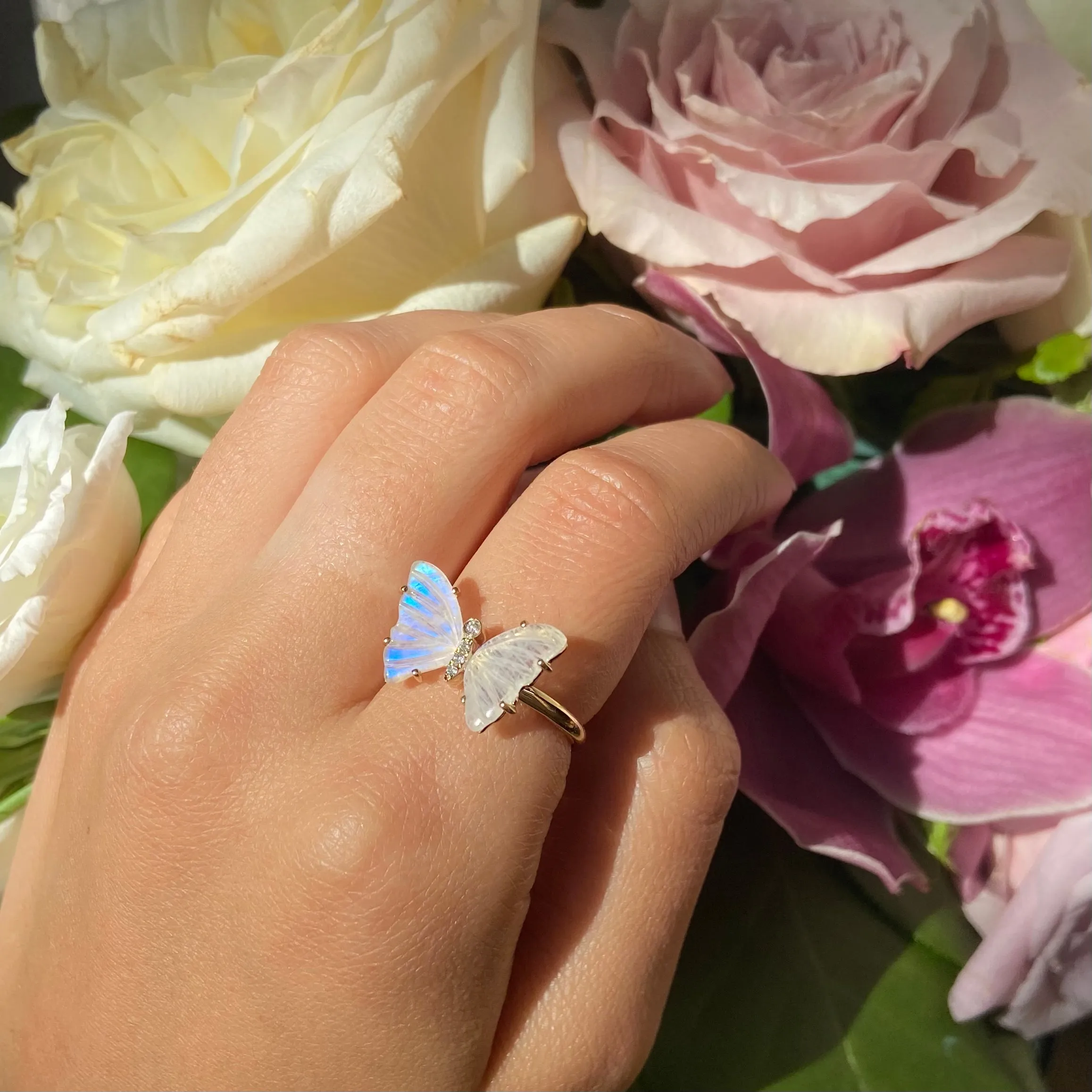 Moonstone Butterfly Ring With Diamonds