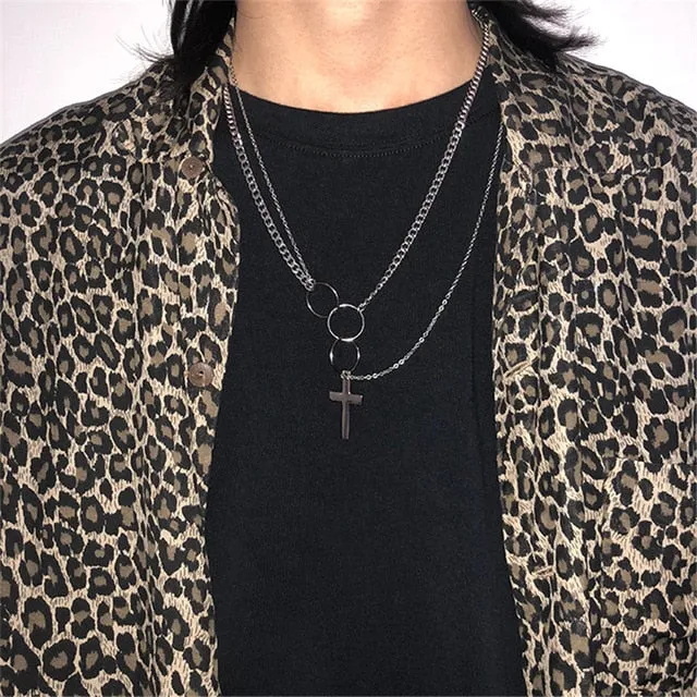 Multilayers Punk Chains Cross Necklace