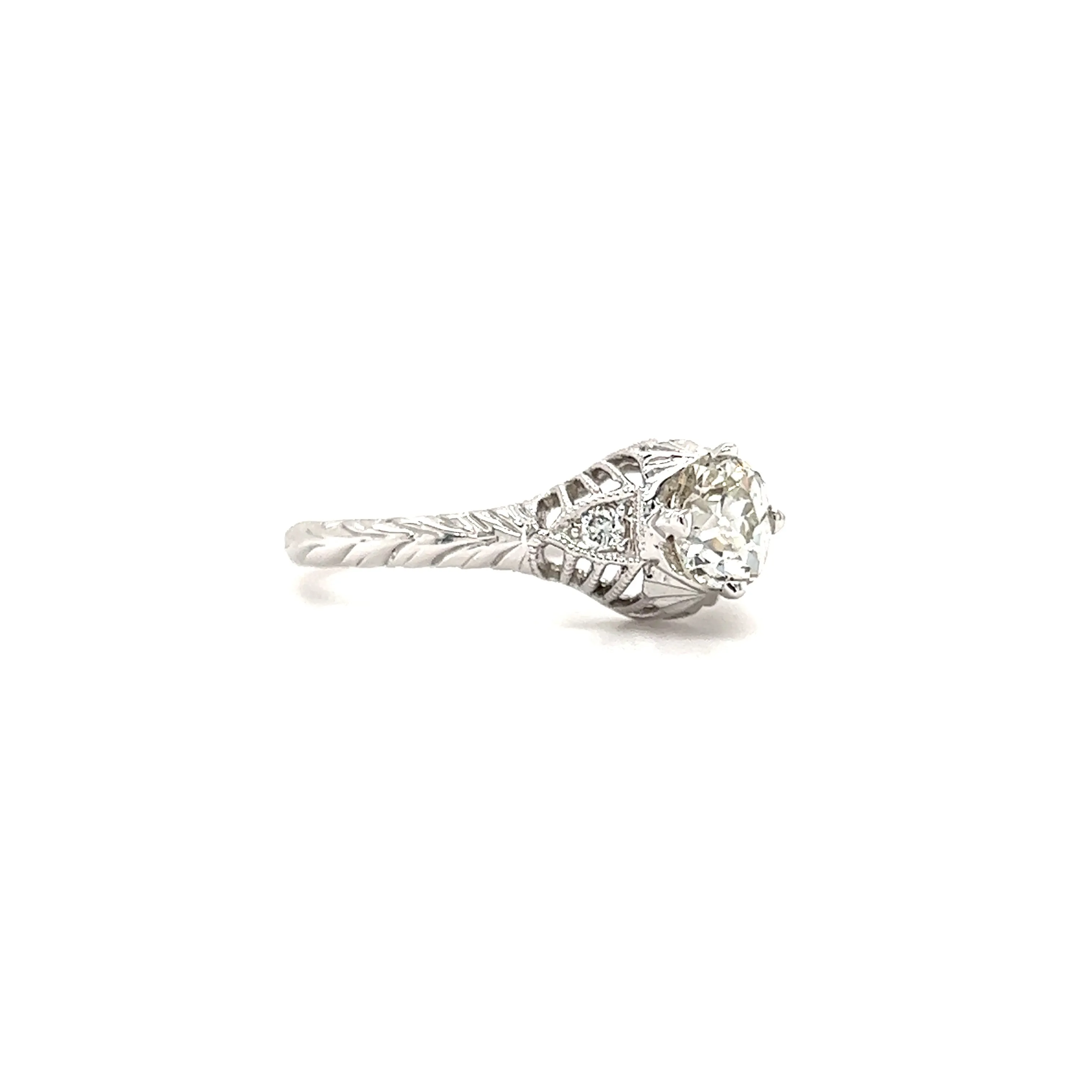 Old Mine-Cut Diamond Ring with Two Side Diamonds in 14K White Gold