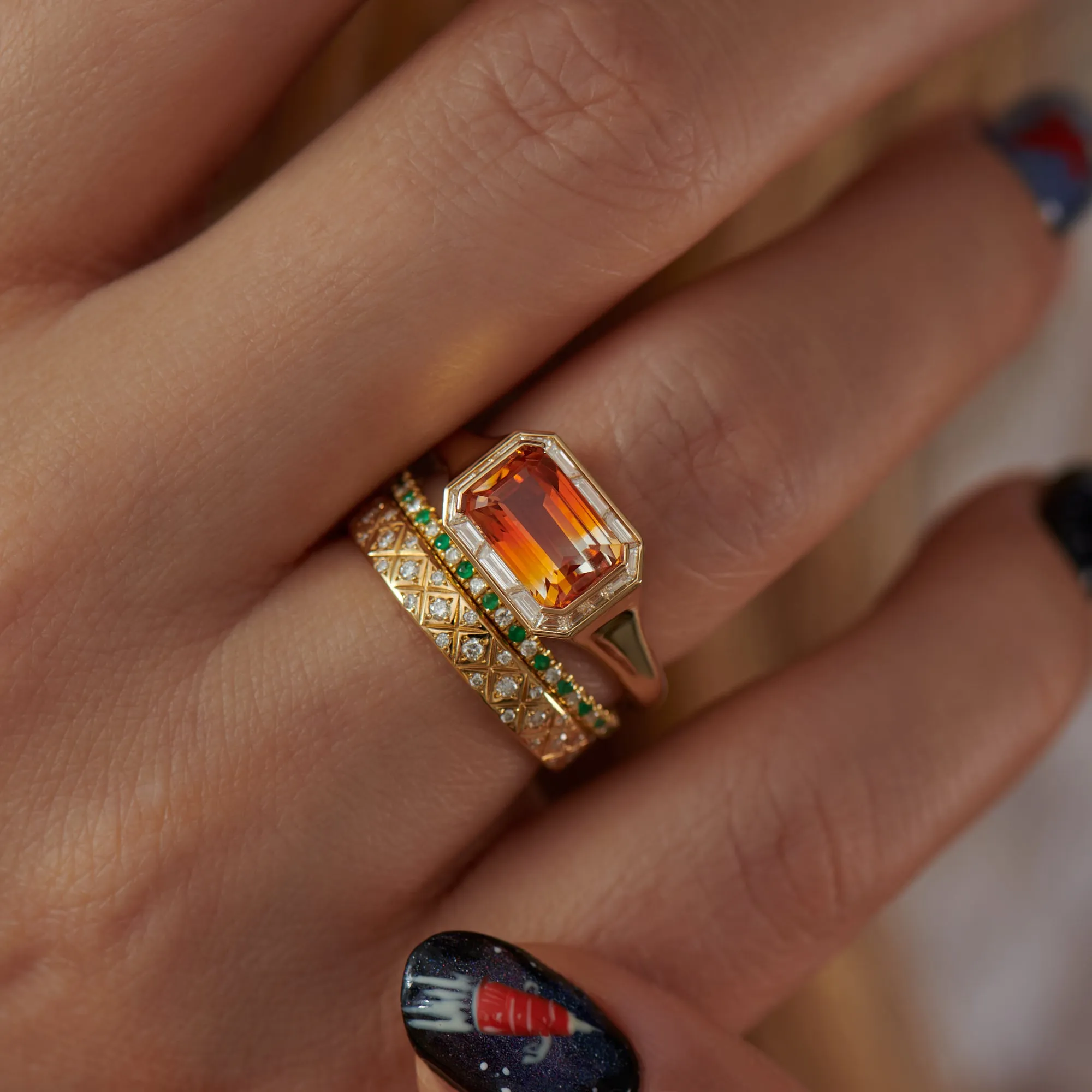 OOAK Orange Parti Sapphire & Trapeze Diamond Ring