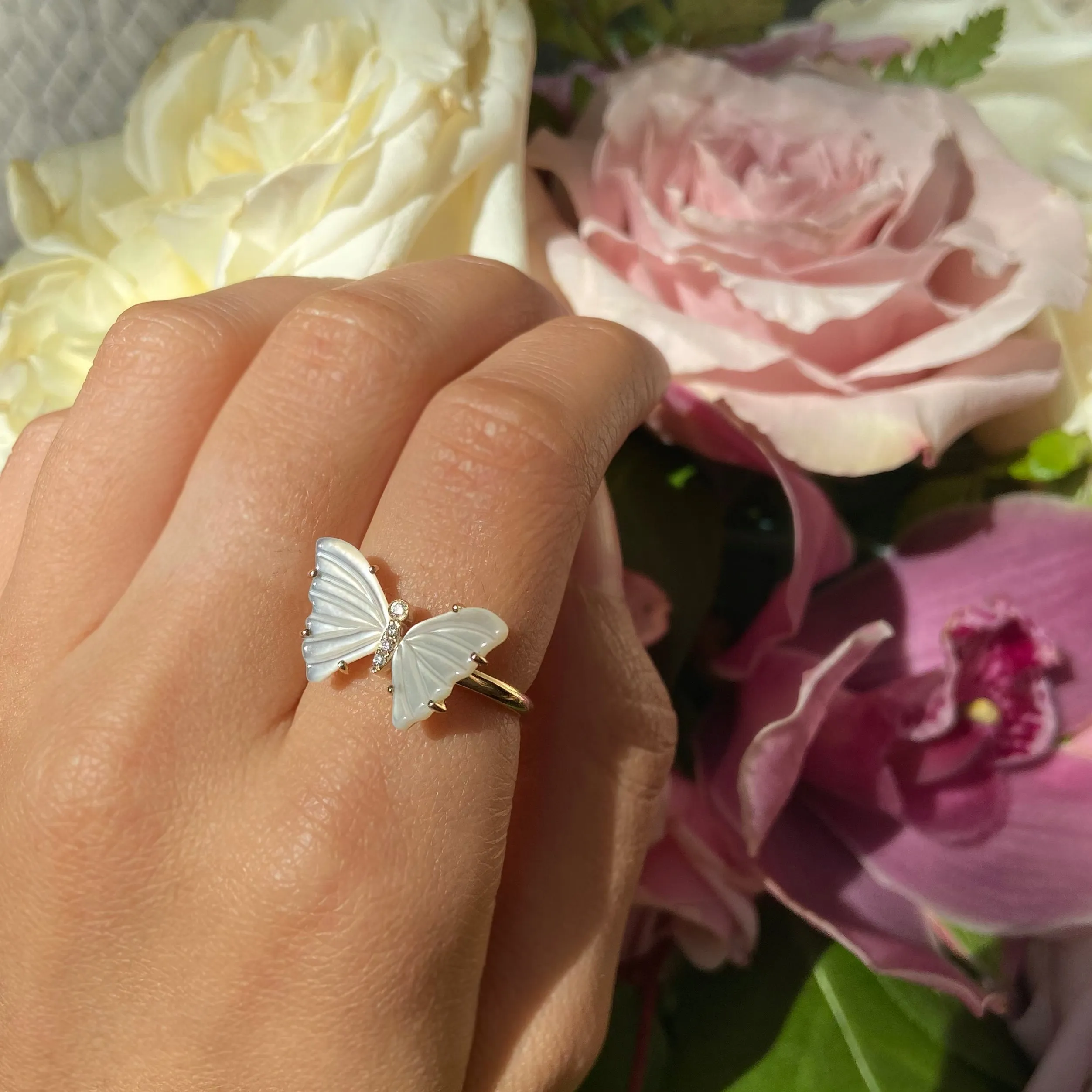 Pearl Butterfly Ring With Diamonds