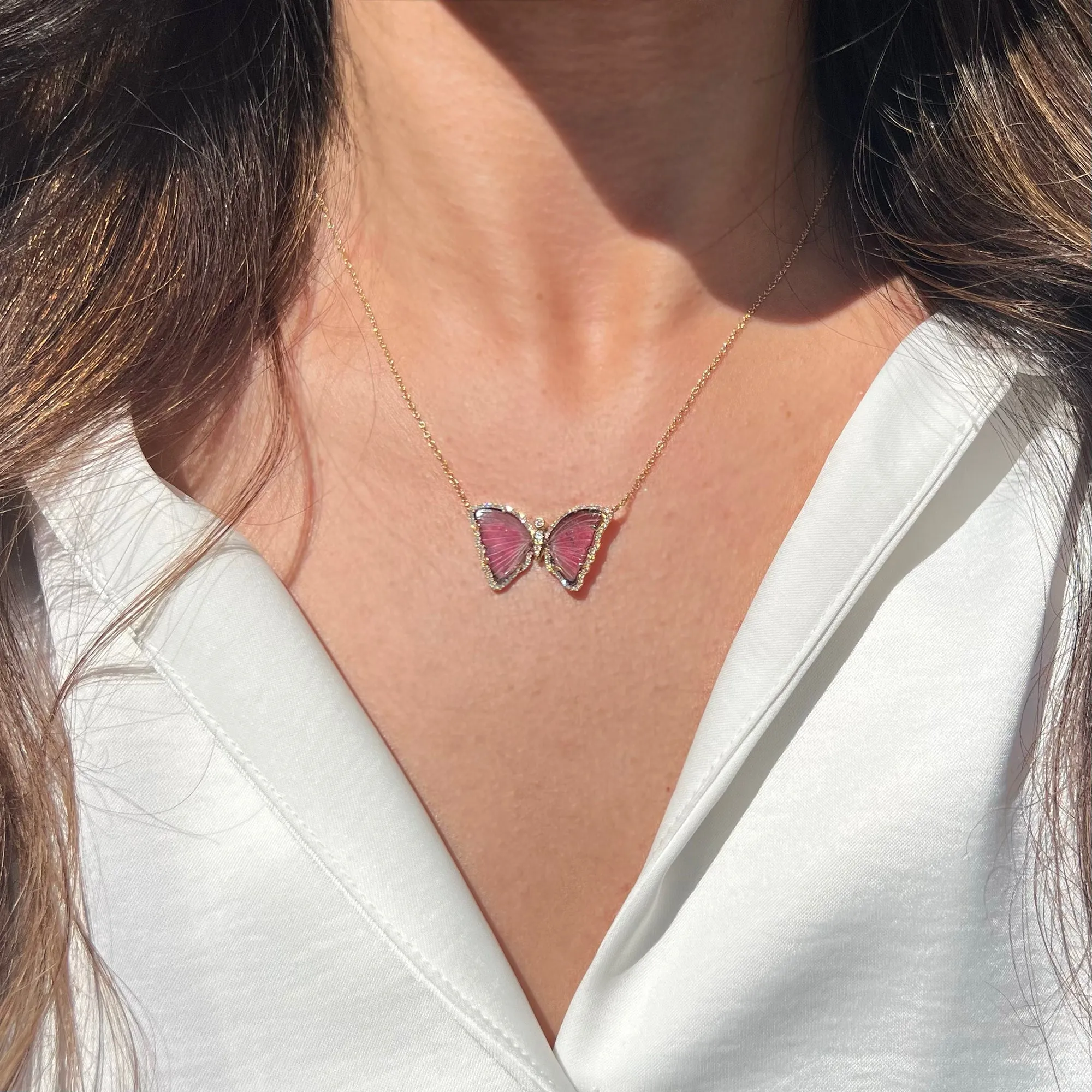 Pink and Purple Tourmaline Butterfly Necklace with Diamonds