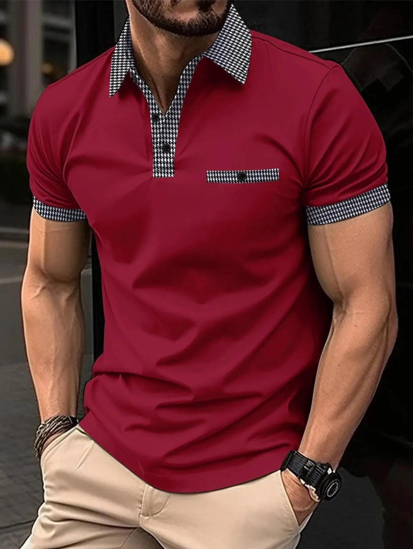 Plaid Collar Short-Sleeved Polo Shirt