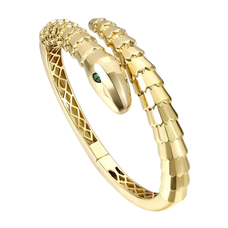 Rachel Glauber 14k Gold Plated with Emerald Cubic Zirconia Textured Coiled Serpent Bypass Bangle Bracelet