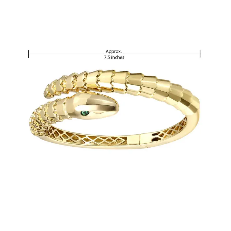 Rachel Glauber 14k Gold Plated with Emerald Cubic Zirconia Textured Coiled Serpent Bypass Bangle Bracelet