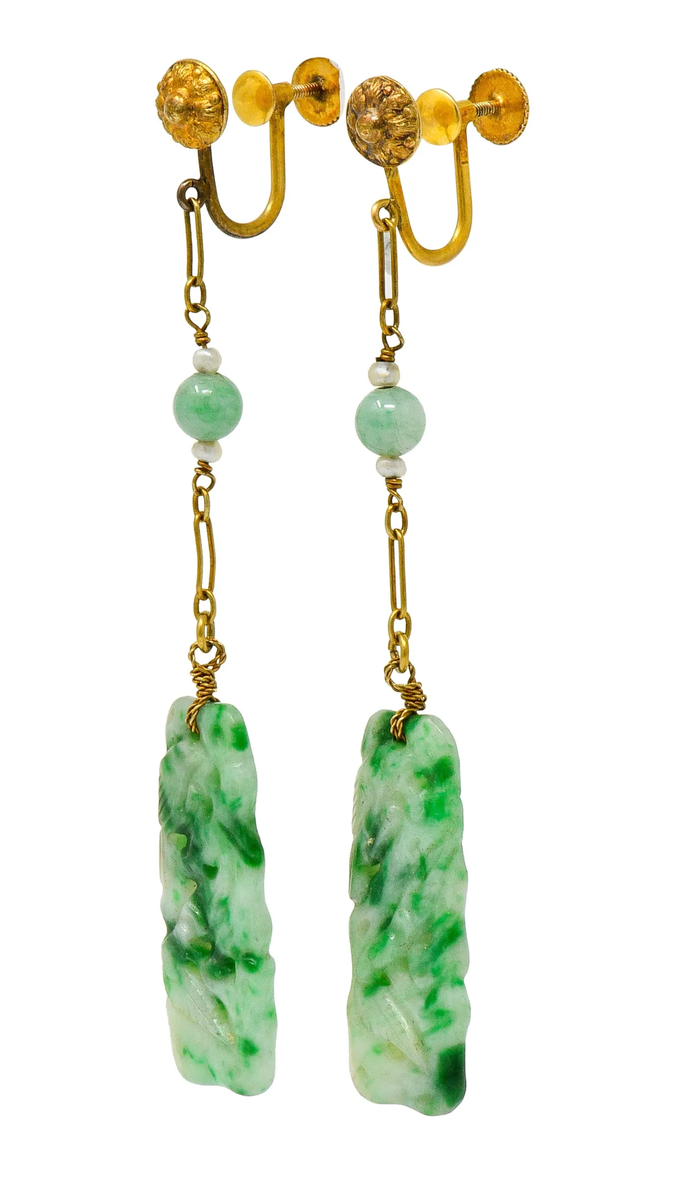 Retro Jade Natural Freshwater Pearl 14 Karat Gold Screwback Earrings