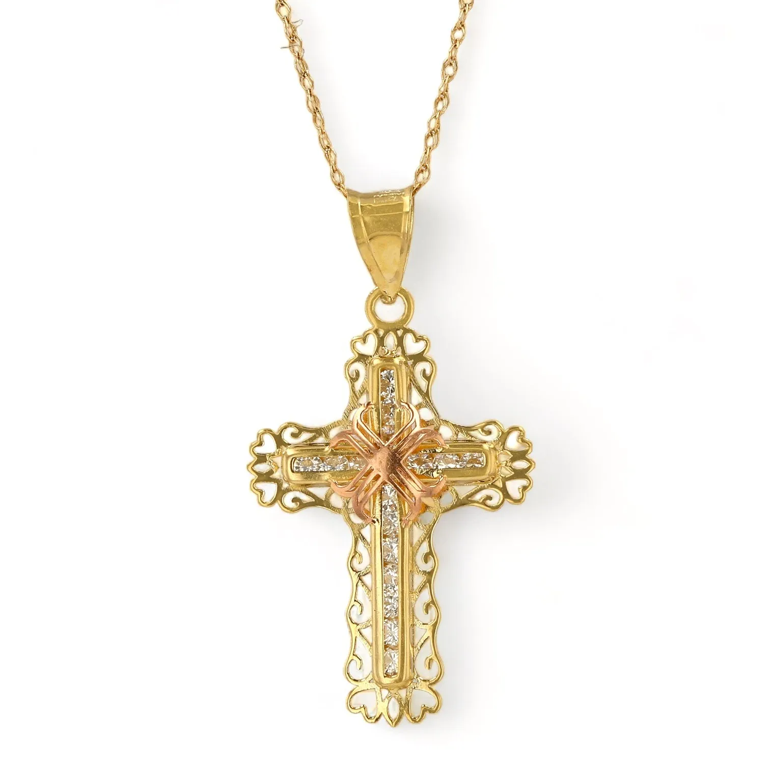 Set yellow gold 14k Singapore chain two tones Filigrana cross pendant -62837