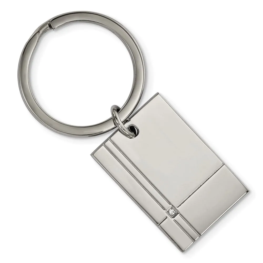 Stainless Steel & CZ Polished & Grooved Rectangle Key Chain