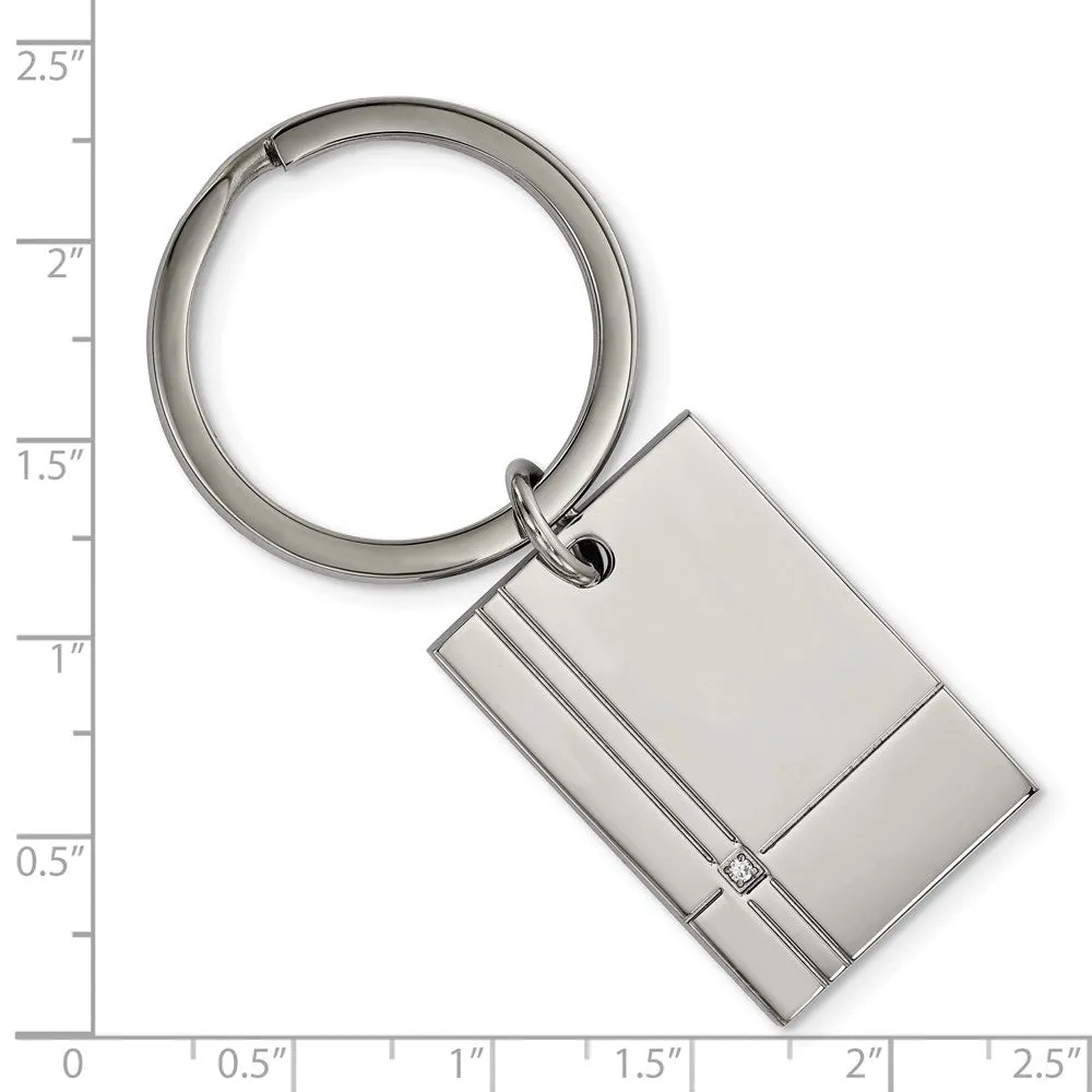 Stainless Steel & CZ Polished & Grooved Rectangle Key Chain