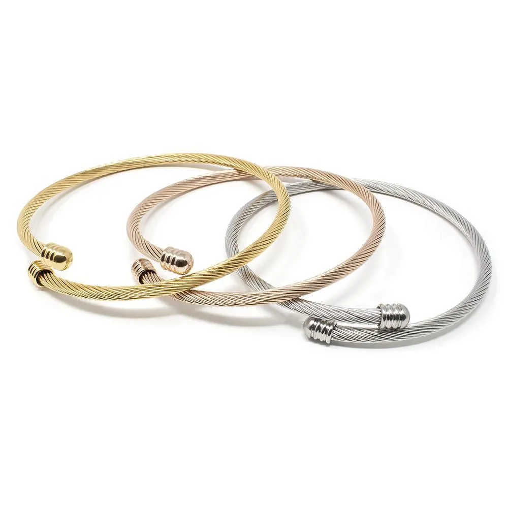 Stainless Steel Set of Three Cable Bangle Three Tone