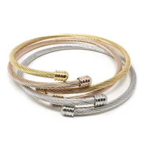 Stainless Steel Set of Three Cable Bangle Three Tone